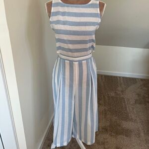 Women’s White Light Blue Striped Linen Tank Top Romper Capri Beach Coverup